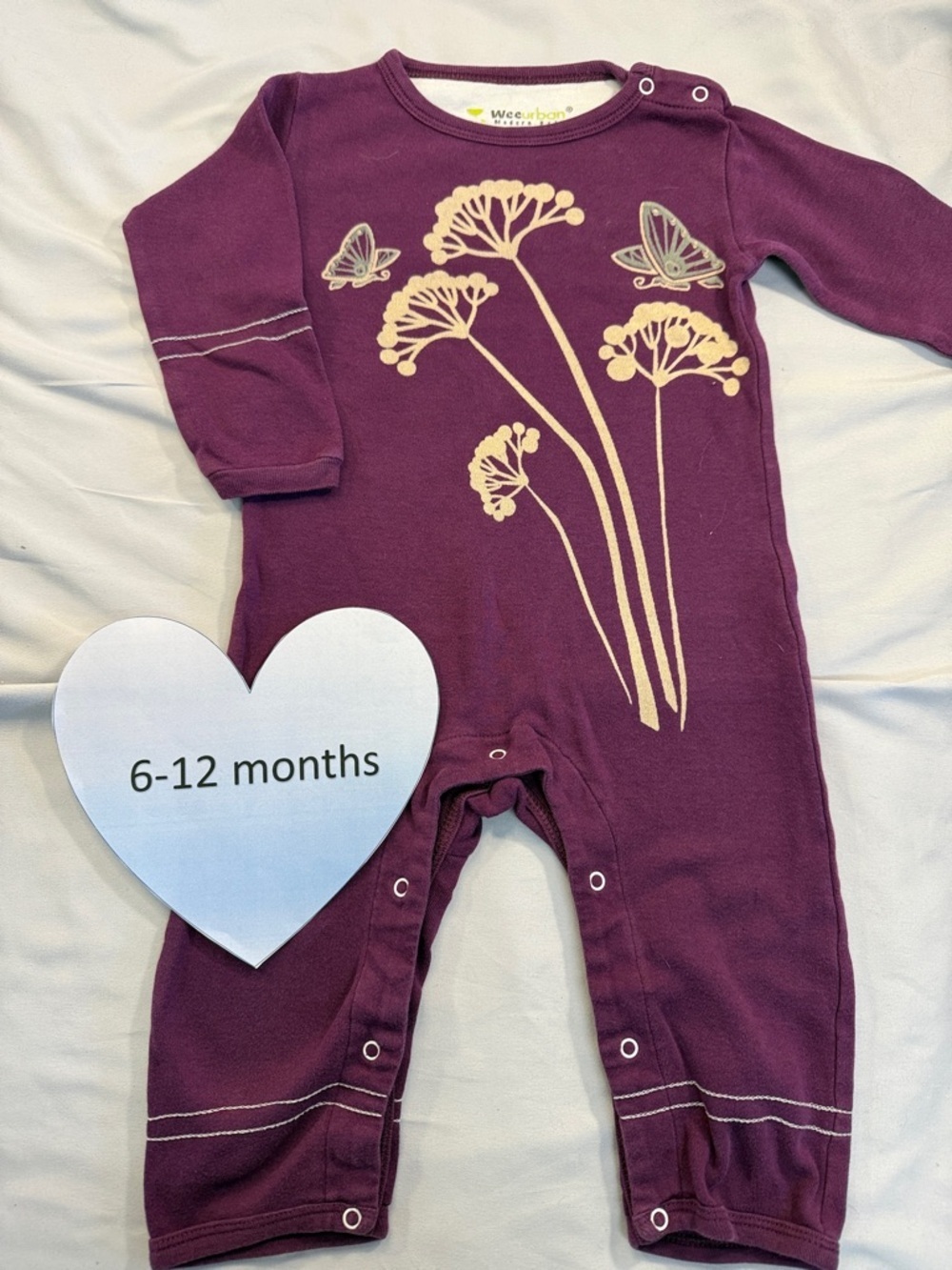 Wee Urban Organic Long Sleeve romper in Deep Purple with Butterfly Design